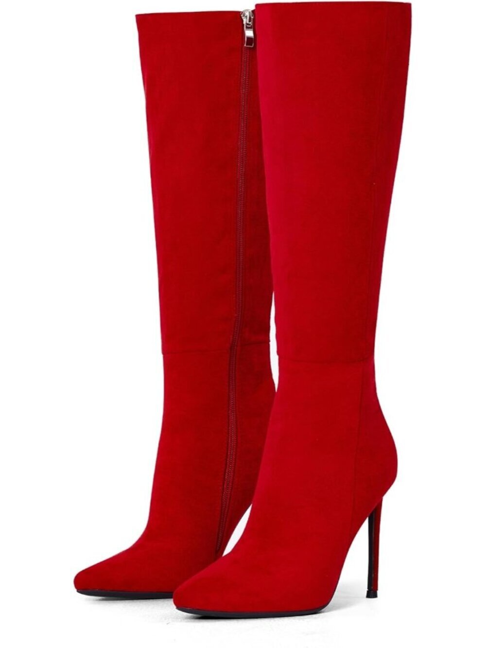 Women's Red Suede Knee High Long Boots Stiletto Tall Pointed Toe Heeled Boot